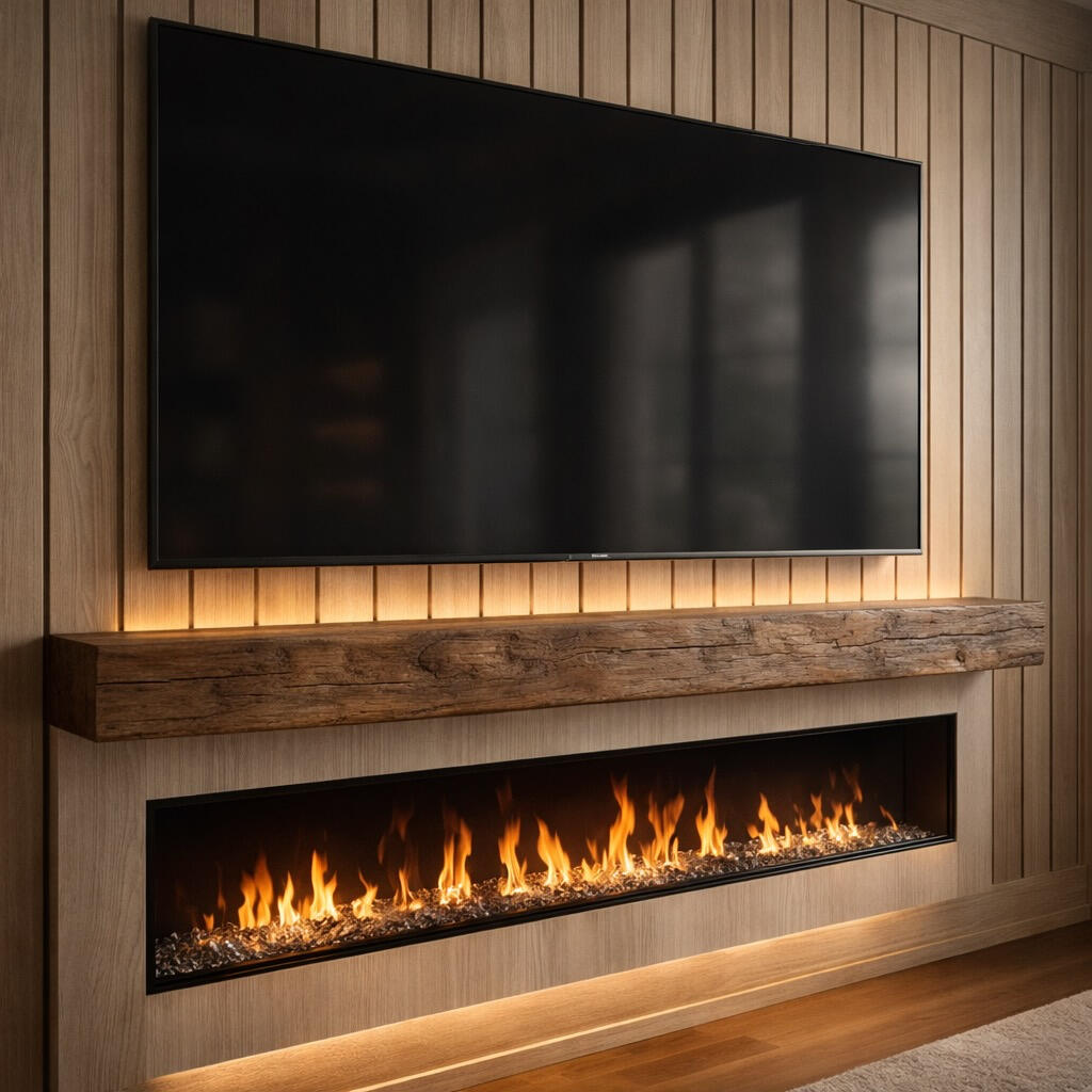 Custom TV media wall with white oak slats, floating cabinet, and linear fireplace in a Minneapolis home