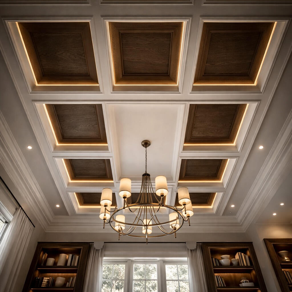 Decorative coffered ceiling with natural oak beams in a Minneapolis dining room