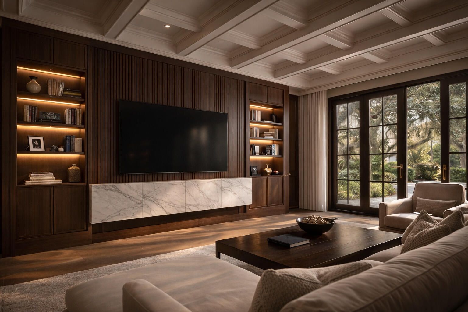 Elegant Minneapolis living room with dark oak slat media wall, built-in shelving, floating stone console, and decorative coffered ceiling