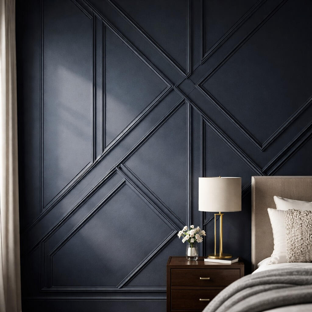 Modern geometric accent wall with custom trim in a Minneapolis bedroom