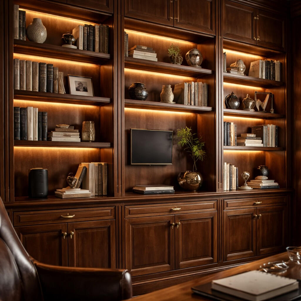 Custom walnut built-in library with LED lighting and open shelving in a Minneapolis home office